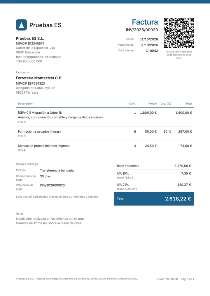 Factura con plantilla Modern, IVA, descuento y QR de Verifactu