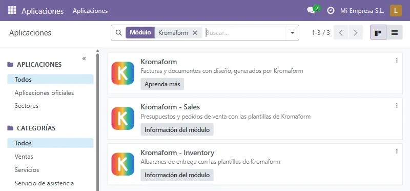 Módulos de Kromaform en Aplicaciones de Odoo