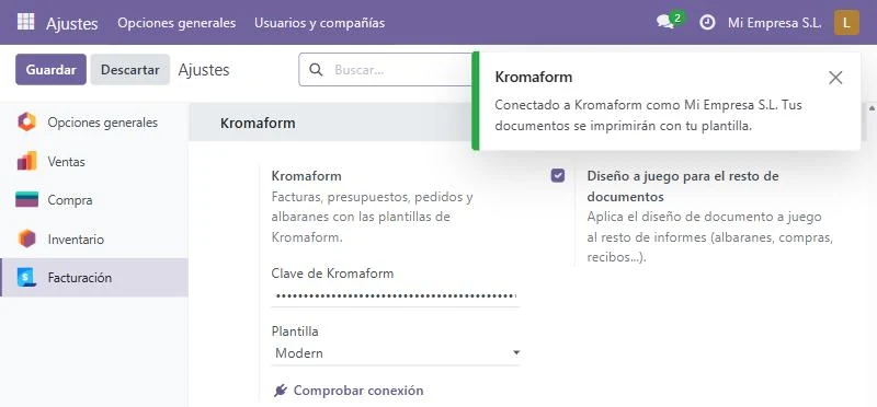 Ajustes de Kromaform en Odoo: clave de Kromaform, plantilla y aviso de conexión correcta