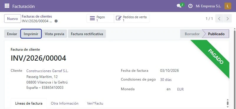 Factura de cliente en Odoo con el botón Imprimir